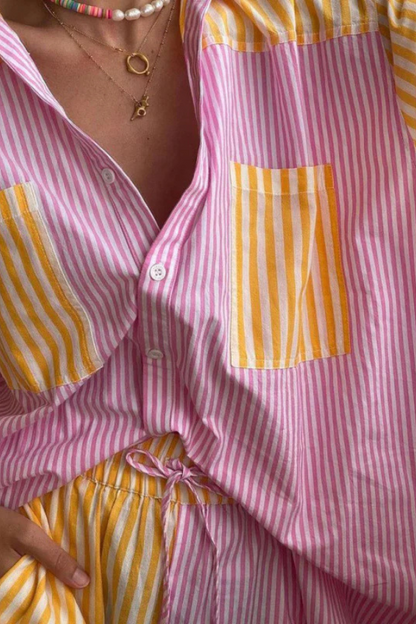 Dam Randig Skjorta och Högmidjade Shorts Lätt Material-4