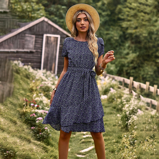Dam MIDI Klänning Med Midjeband Bomull Polyester Elegant Stil-1