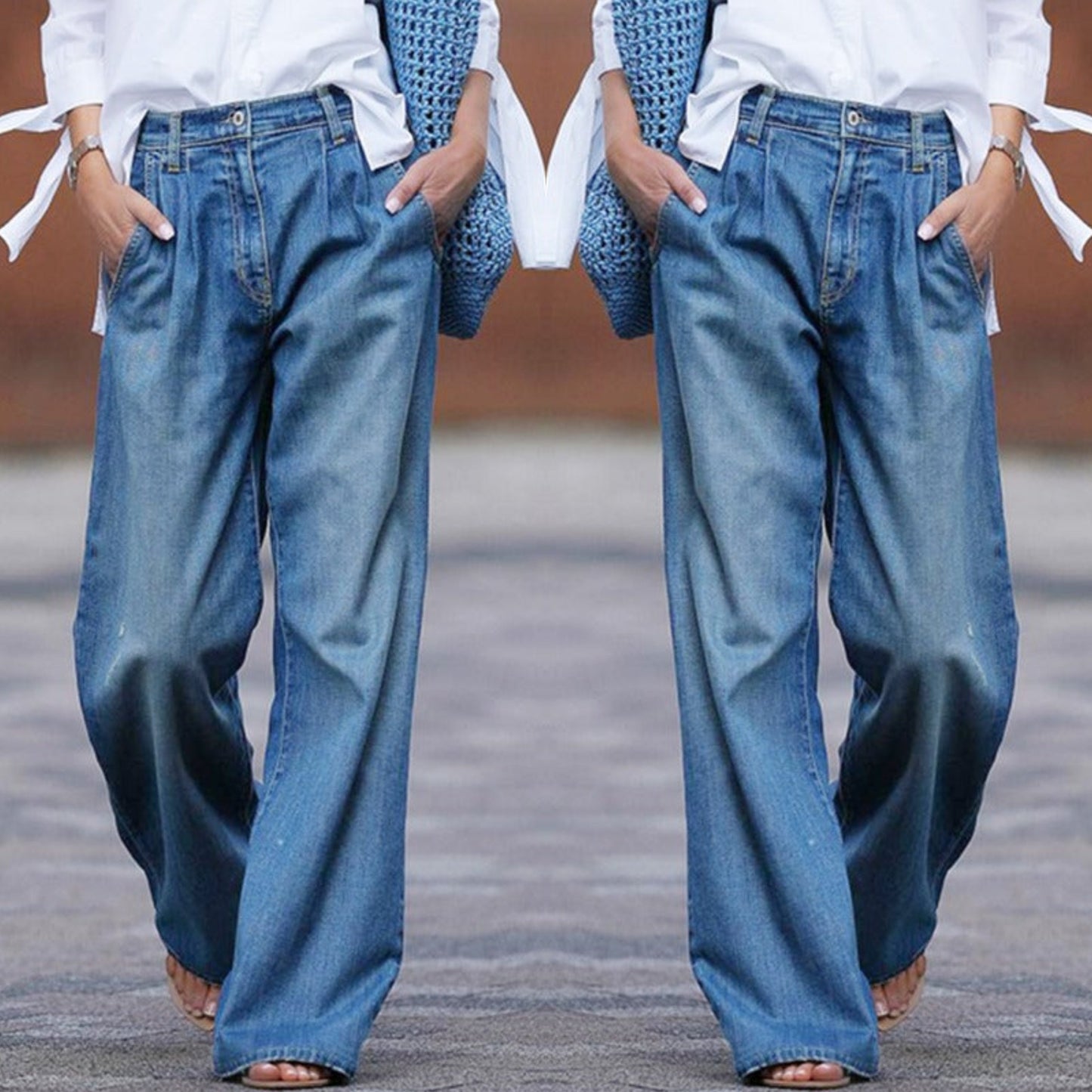 Damjeans Hög Midja Breda Denim Retro Stil-3