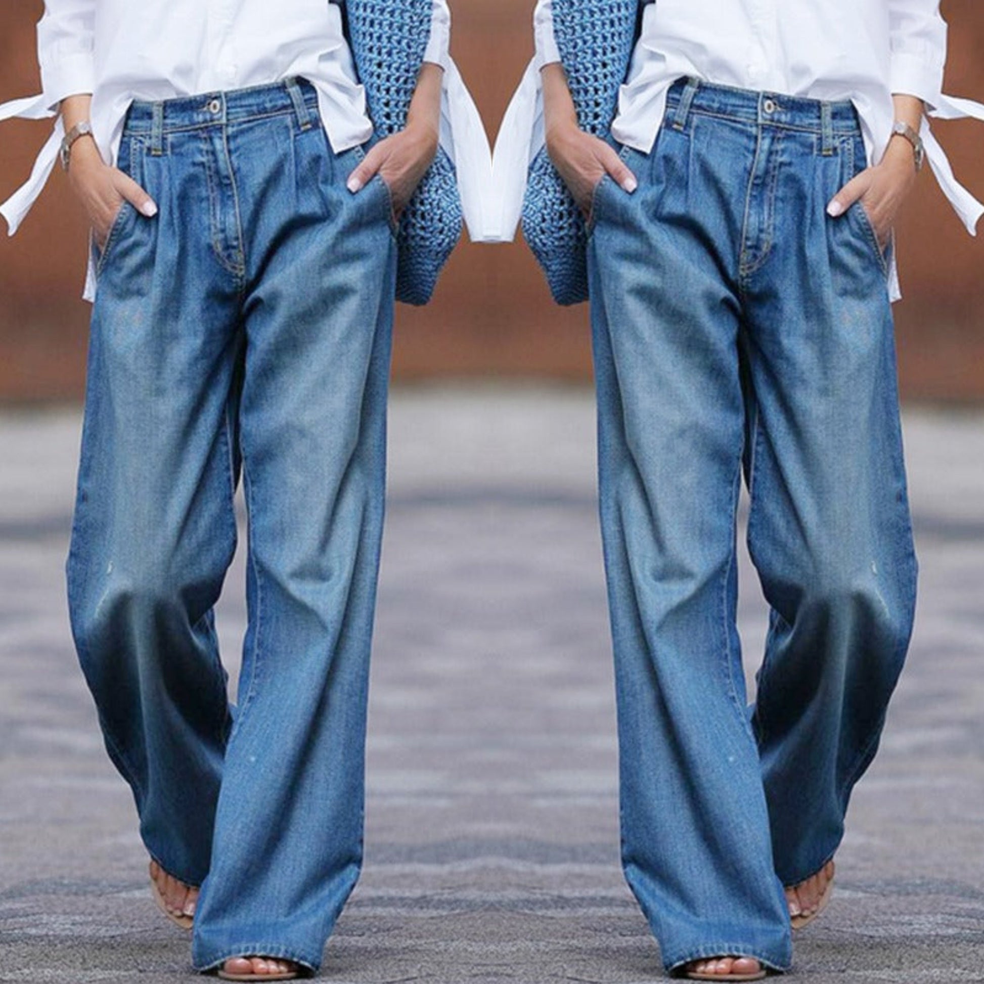 Damjeans Hög Midja Breda Denim Retro Stil-3