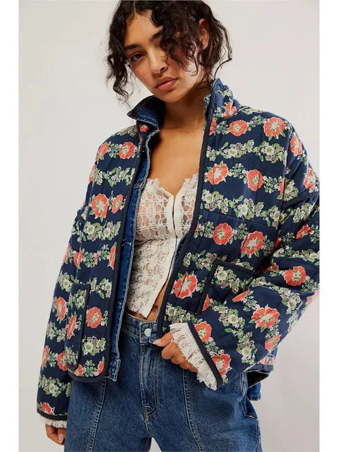 Damjacka Vintage Blommönster Mjuk Material Loose Fit 9