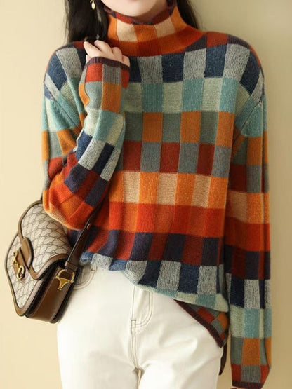 Stickad Dam Tröja Turtleneck Karoddesign 100% Akryl-4