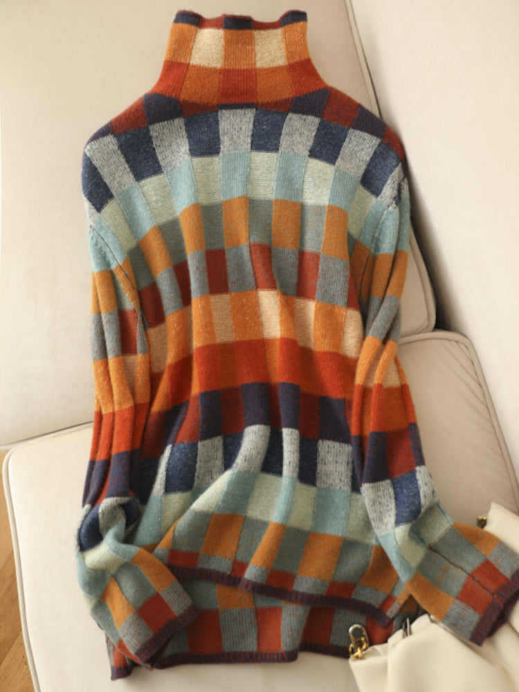 Stickad Dam Tröja Turtleneck Karoddesign 100% Akryl-6