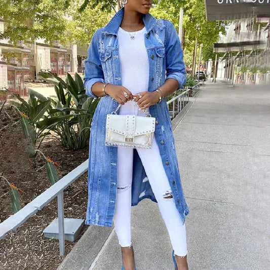 Dam Lång Denimjacka Trendig Robust Denim-1