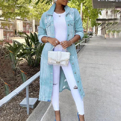 Variant image for Dam Lång Denimjacka Trendig Robust Denim-7