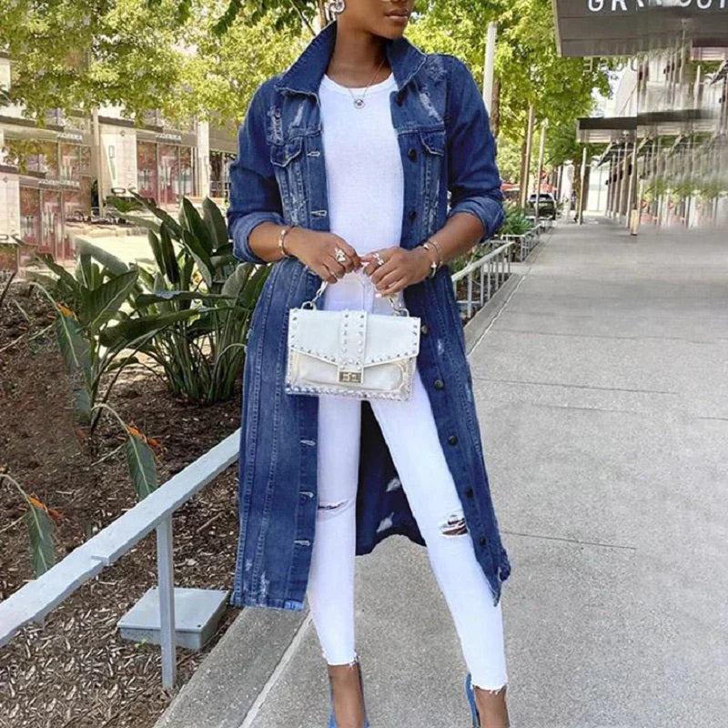 Dam Lång Denimjacka Trendig Robust Denim-5