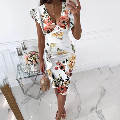 Fina Dam Klänningar V-ringning med Rufsade Hems i Högkvalitativt Material-4