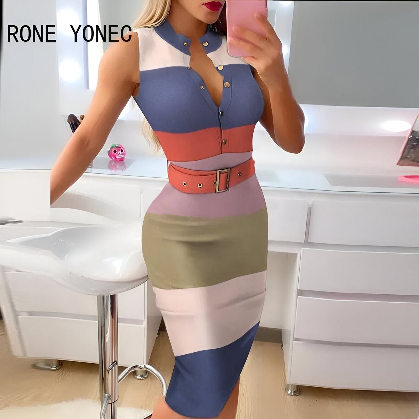 Dam Midi Klänning Randig Ärmlös 100% Bomull-2