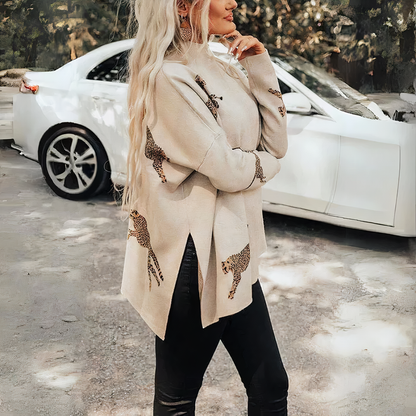 Dam Tröja Turtleneck Leopardmönster Syntetmaterial-2