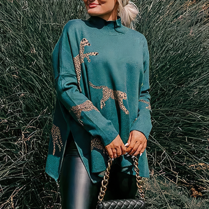 Dam Tröja Turtleneck Leopardmönster Syntetmaterial-6
