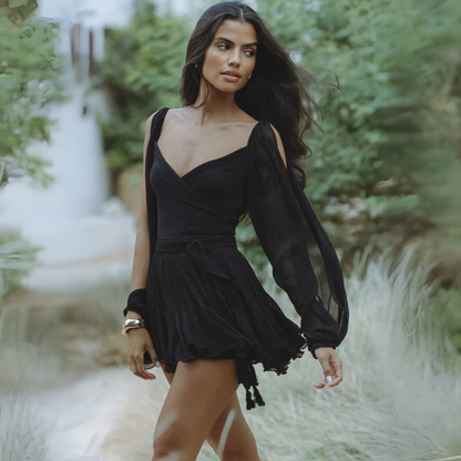 Kvinnors Svart Miniklänning Draperad Chiffong-3