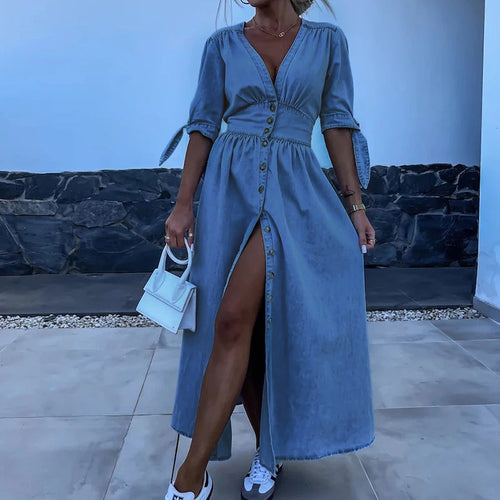 Maxi Klänning Dam V-Hals i Denim – Lång Klänning med Slits för Eleganta Tillfällen 1
