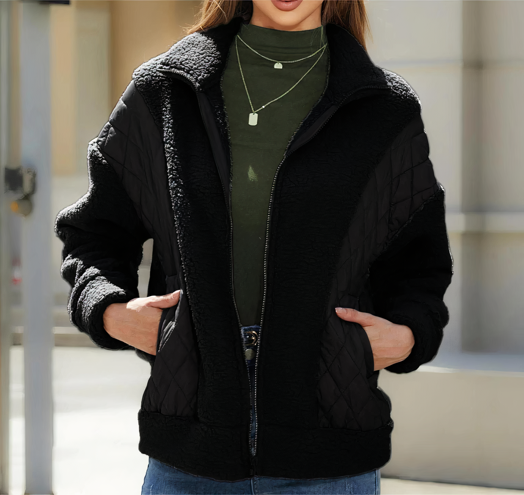 Damjacka Stepp Patchwork Fleece för Kalla Dagar – Varm och Bekväm Jacka för Dam, Quiltad Design 4