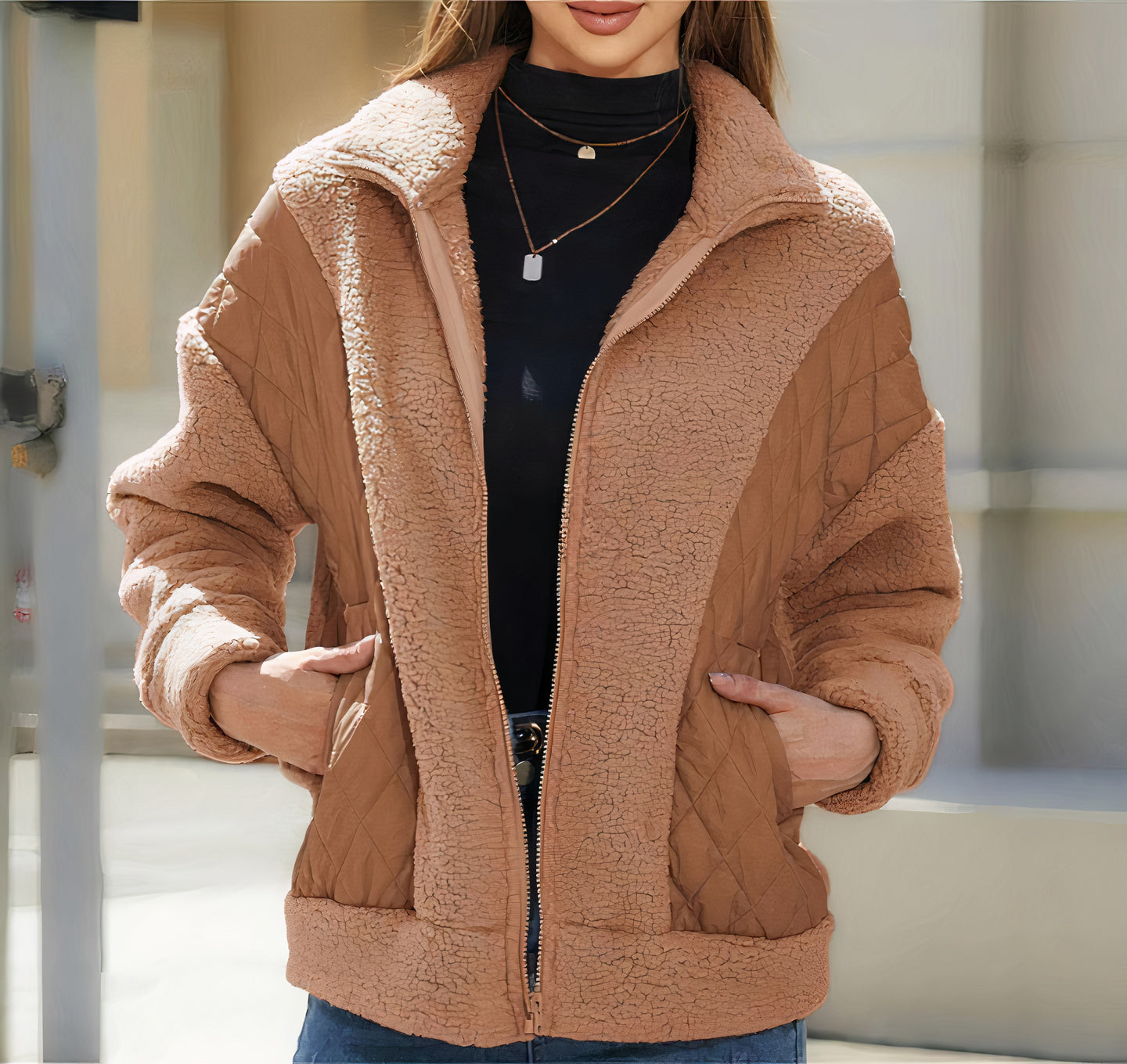 Damjacka Stepp Patchwork Fleece för Kalla Dagar – Varm och Bekväm Jacka för Dam, Quiltad Design 7