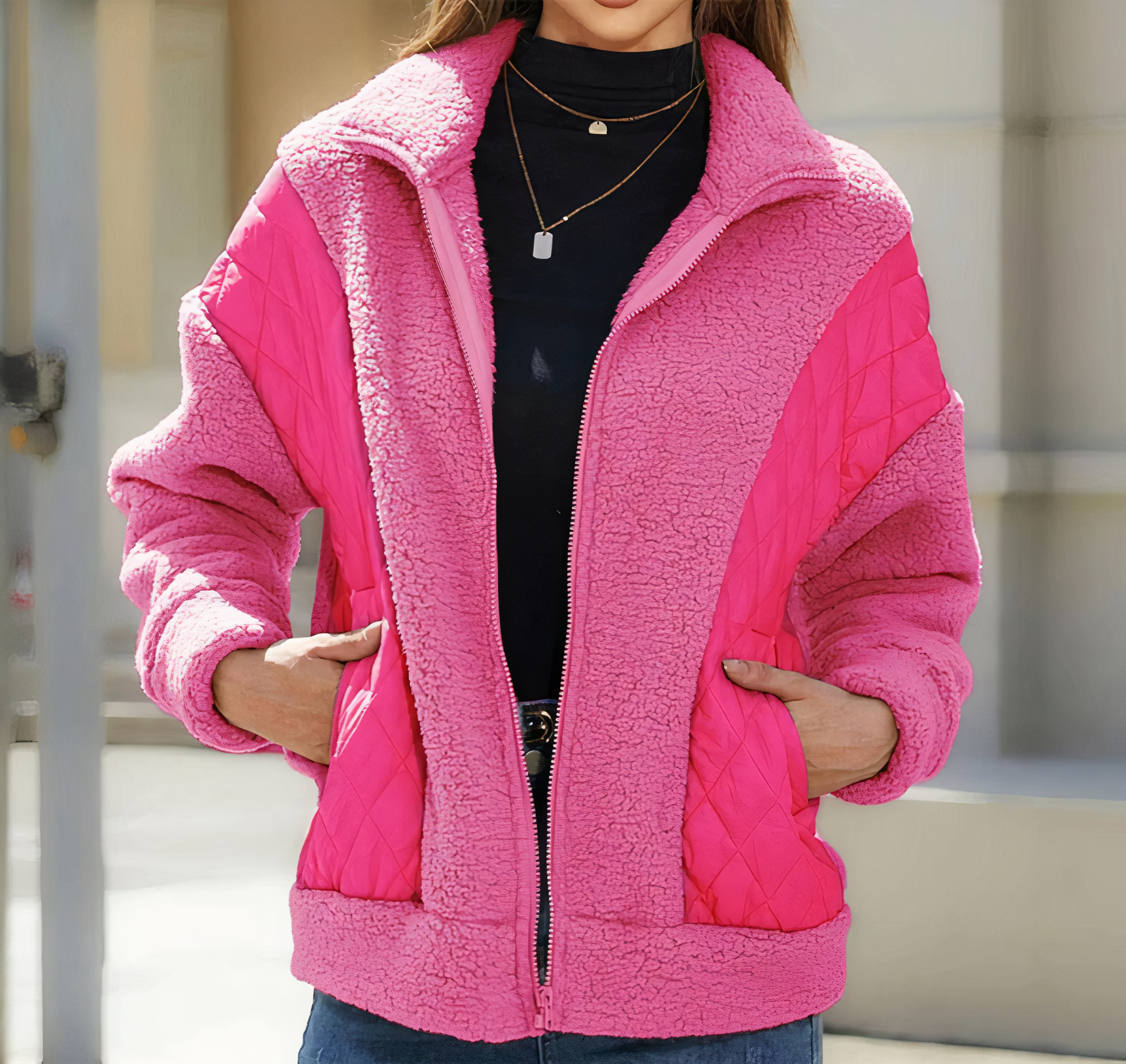 Damjacka Stepp Patchwork Fleece för Kalla Dagar – Varm och Bekväm Jacka för Dam, Quiltad Design 3