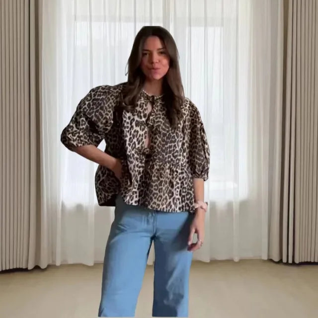 Dam Blus Leopardmönster Puffärmar Högkvalitativt Tyg-4