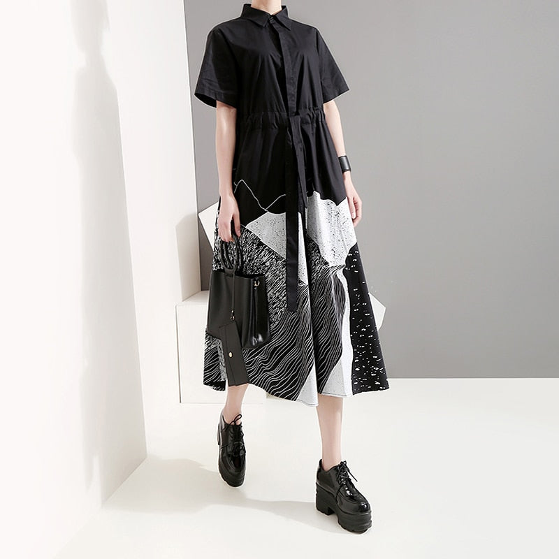 A-linjeformad Midi Klänning i Bomull och Rayon med Korta Ärmar och Slipningstryck – Avslappnad Sommarstil 2