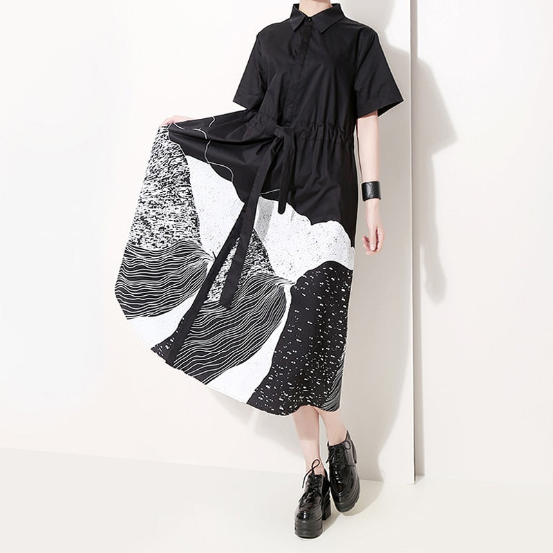 A-linjeformad Midi Klänning i Bomull och Rayon med Korta Ärmar och Slipningstryck – Avslappnad Sommarstil 5