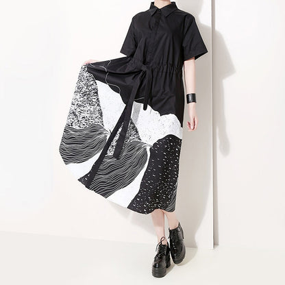 A-linjeformad Midi Klänning i Bomull och Rayon med Korta Ärmar och Slipningstryck – Avslappnad Sommarstil 5