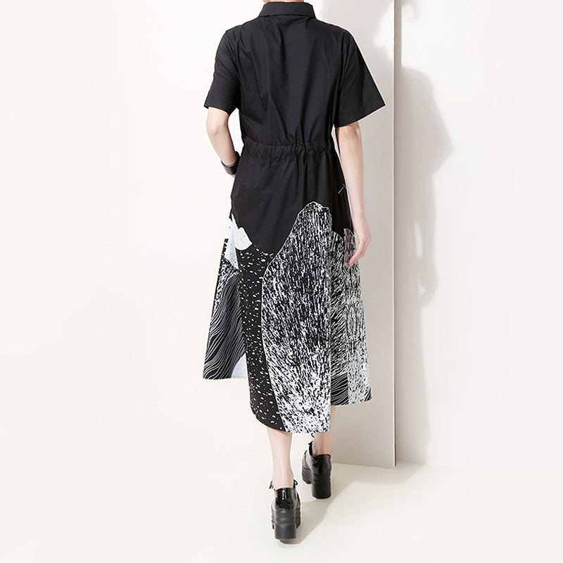 A-linjeformad Midi Klänning i Bomull och Rayon med Korta Ärmar och Slipningstryck – Avslappnad Sommarstil 3