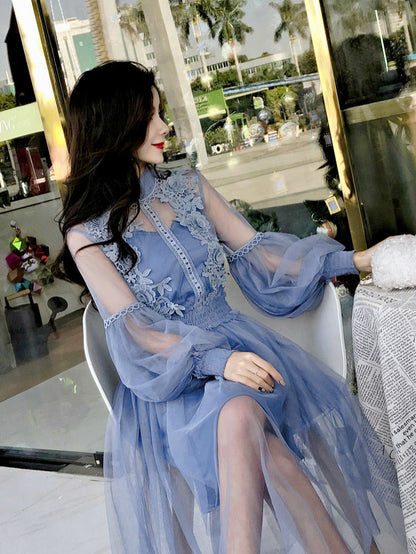 Kvinnors Midi Klänning A-linje Transparenta Ärmar Bomull Polyester-4