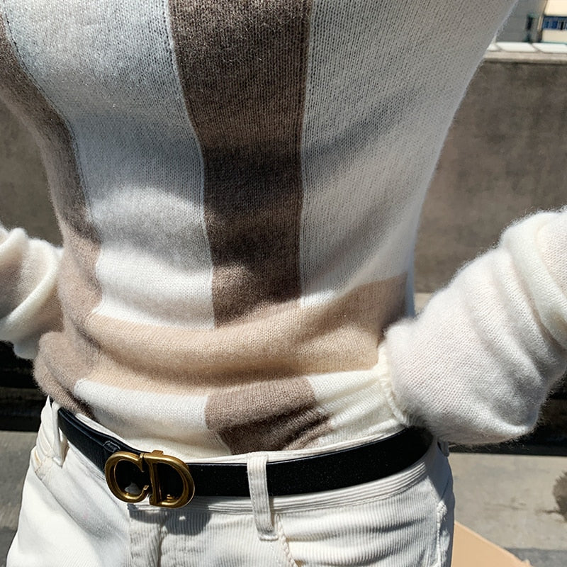 Dam Stickad Turtleneck Tröja i Ull Normal Längd Långa Ärmar-4