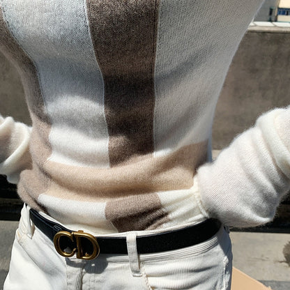 Dam Stickad Turtleneck Tröja i Ull Normal Längd Långa Ärmar-4