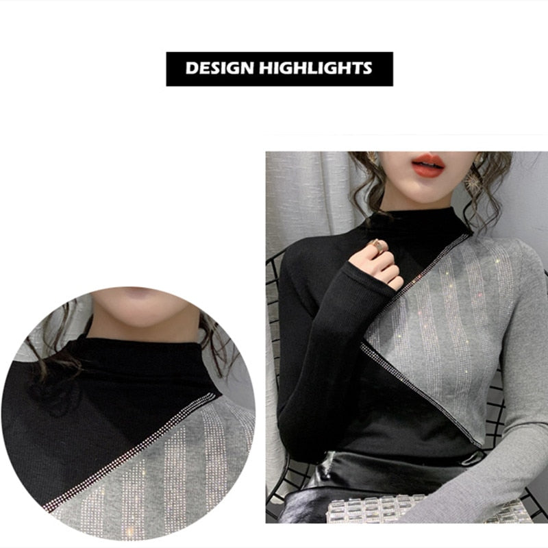 Dam Långärmad T-shirt Rullkrage Patchwork Bomull Polyester-6