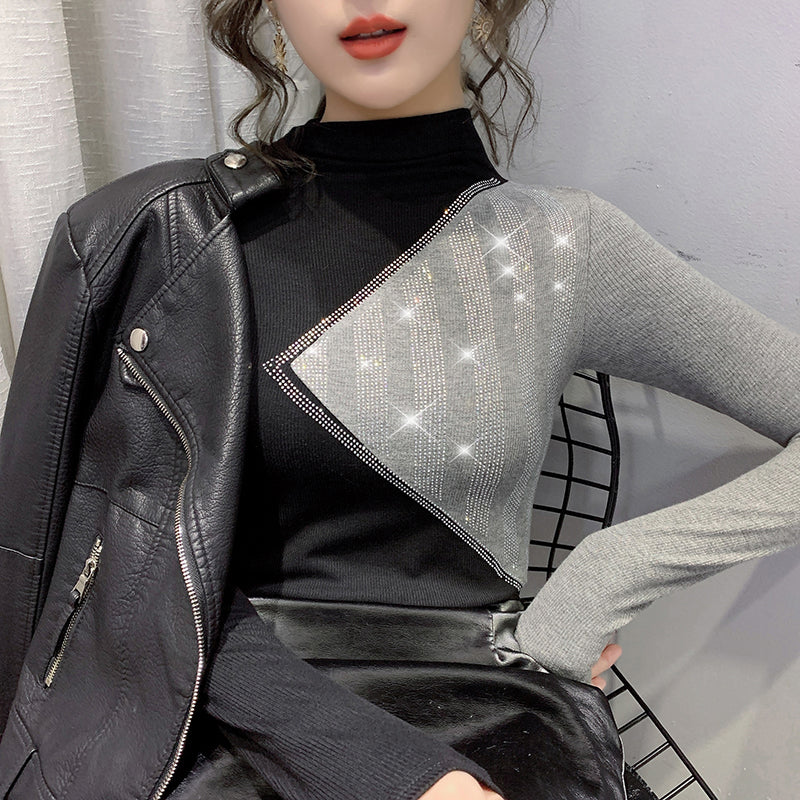 Dam Långärmad T-shirt Rullkrage Patchwork Bomull Polyester-3