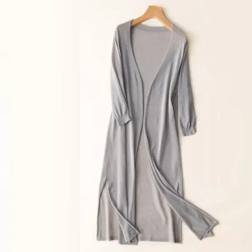 Lång Kofta Dam Flödande Polyester V-Ringning-2