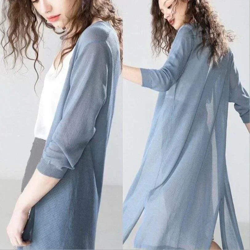 Lång Kofta Dam Flödande Polyester V-Ringning-5