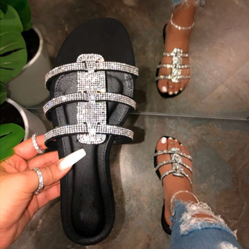 Dam Gladiatorsandaler Platta i Glittrande Sequin-tyg med Gummisula-1