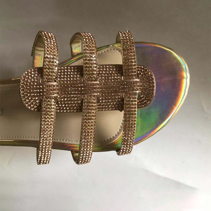 Dam Gladiatorsandaler Platta i Glittrande Sequin-tyg med Gummisula-3