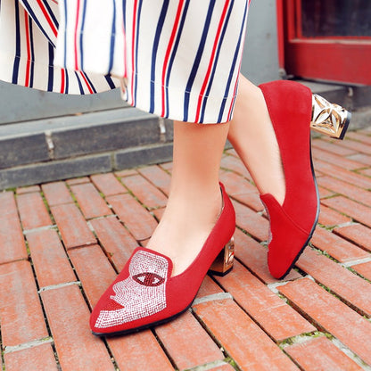 Dam Pumpskor Mary Jane Flock med Blockklack och Rhinestones-5