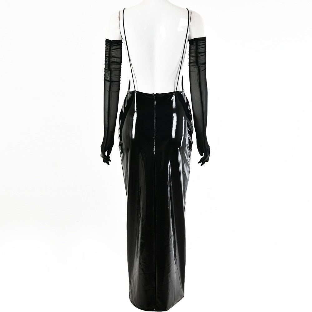 Kvinnors Medelkalvklänning i Syntetiskt Läder – V-hals, Ärmlös Design med Spaghetti-bärare 4