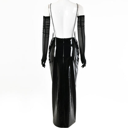 Kvinnors Medelkalvklänning i Syntetiskt Läder – V-hals, Ärmlös Design med Spaghetti-bärare 4