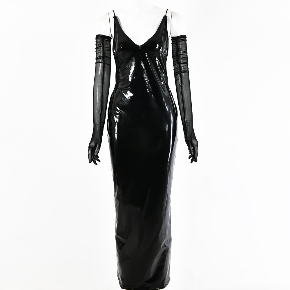 Kvinnors Medelkalvklänning i Syntetiskt Läder – V-hals, Ärmlös Design med Spaghetti-bärare 3