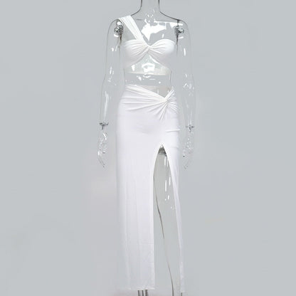 Matchande Set Dam Ärmlös Knutdesign Lång Slitskjol Polyester Spandex-6