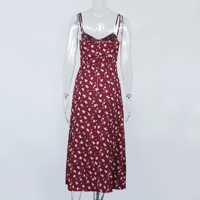 Blommig Midi Klänning med Spaghetti Bärare och Hög Slits – A-Line Silhuett i Polyester 4