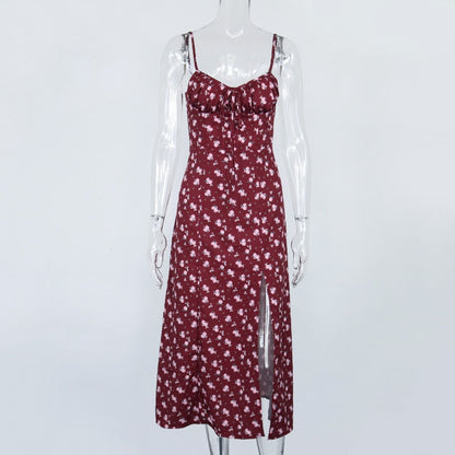 Blommig Midi Klänning med Spaghetti Bärare och Hög Slits – A-Line Silhuett i Polyester 3