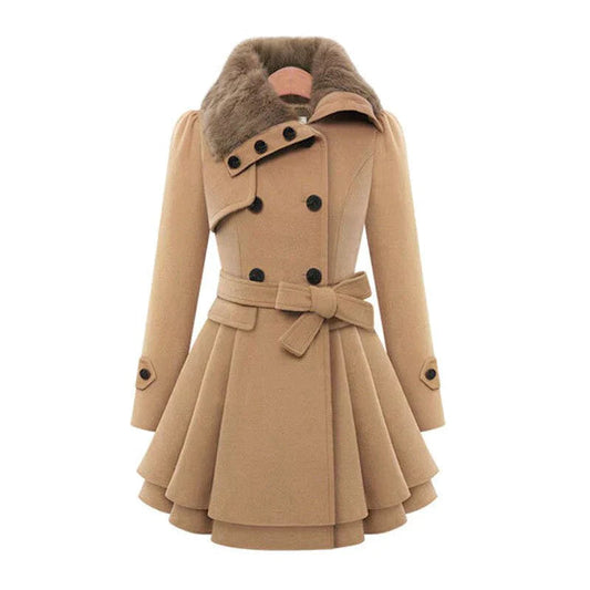 Dam Trenchcoat Elegant Snitt med Vegansk Päls och Justerbart Bälte-1