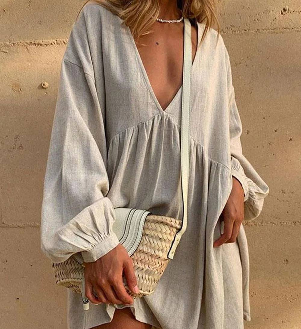 Dam Fritidsklänning V-ringning Veckade Puffärmar Lätta Material-2