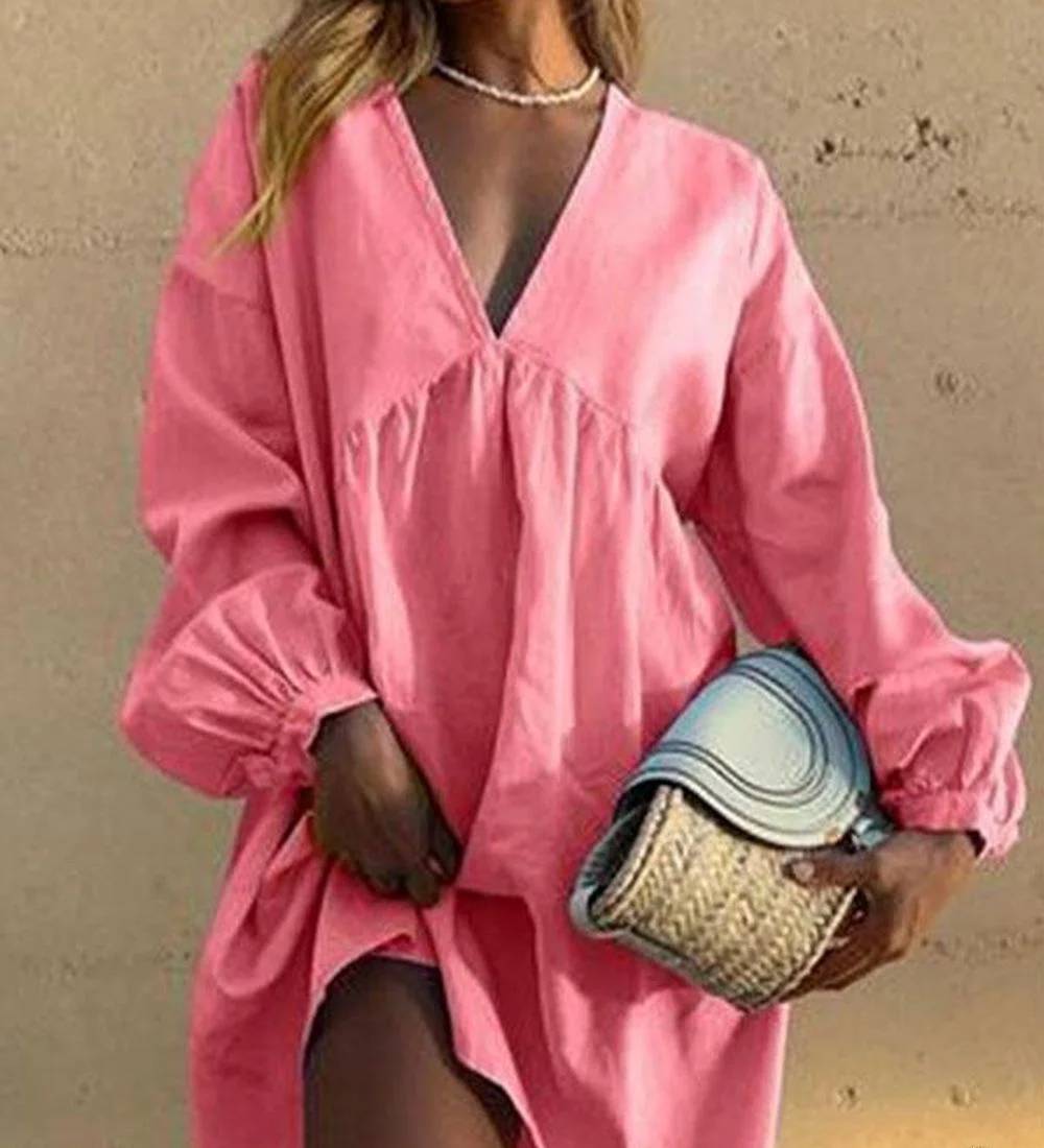 Variant image for Dam Fritidsklänning V-ringning Veckade Puffärmar Lätta Material-1