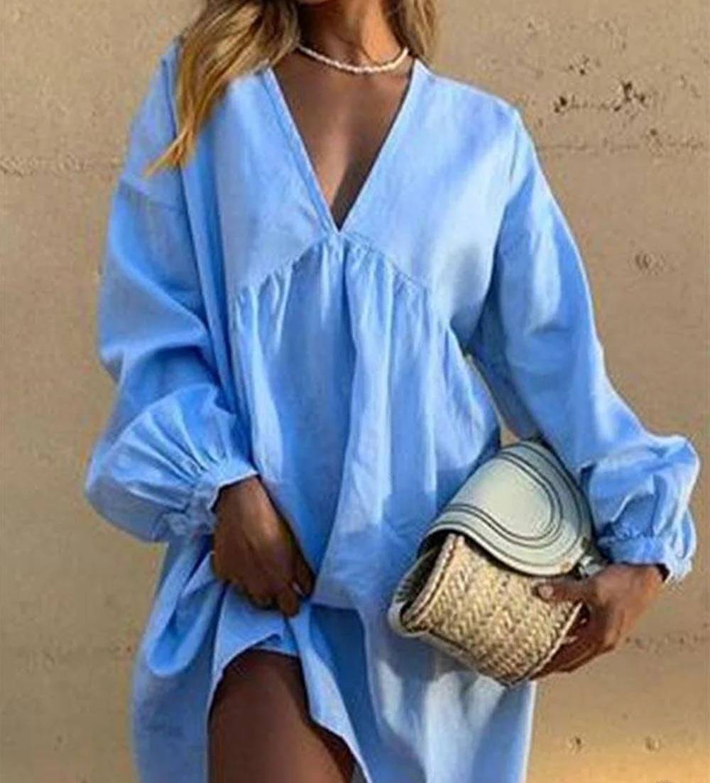 Variant image for Dam Fritidsklänning V-ringning Veckade Puffärmar Lätta Material-13