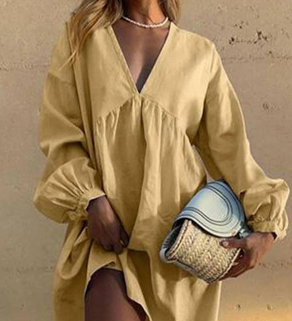 Dam Fritidsklänning V-ringning Veckade Puffärmar Lätta Material-4