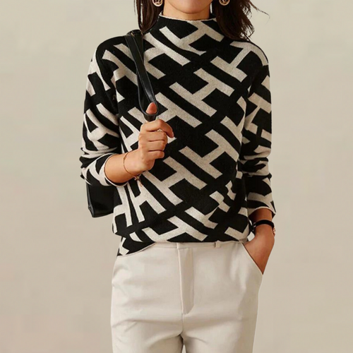 Damen-Strickpullover mit Jacquardmuster und halbem Kragen, lässige Passform, 100 % Acryl-1