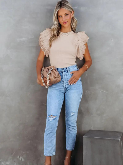 Kort Blus för Damer med Ruffles i Viskos – Casual Stil, Flera Färger och Storlekar XS till 2XL 5