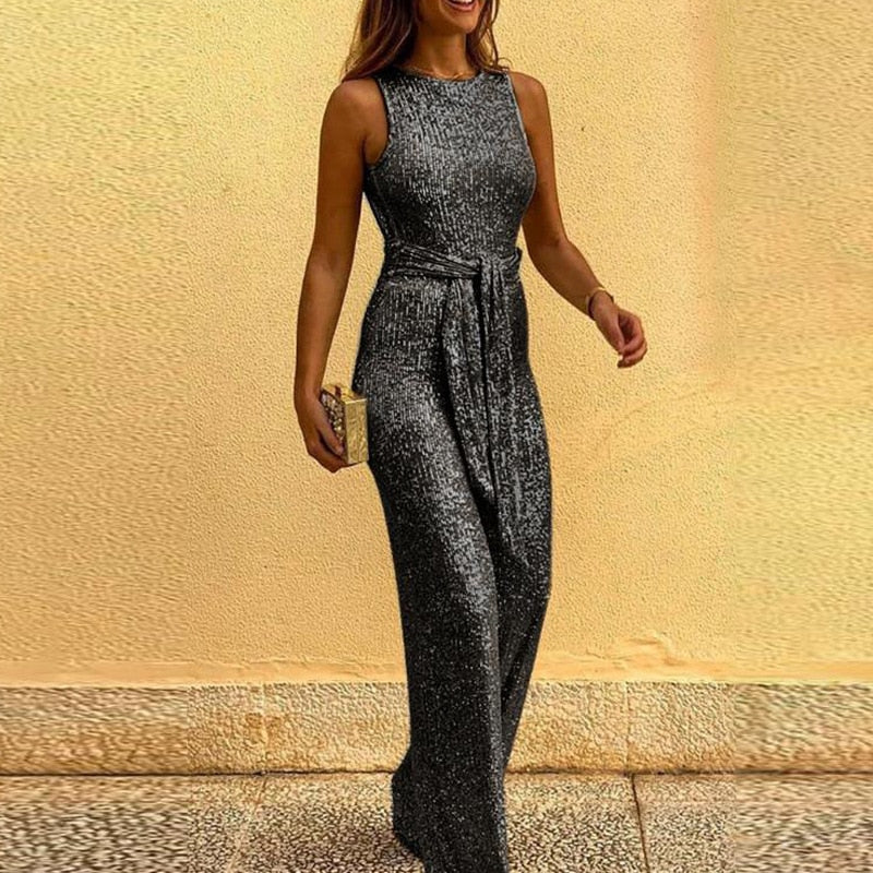 Dam Jumpsuit Glittrande Design Öppen Rygg Polyester-3