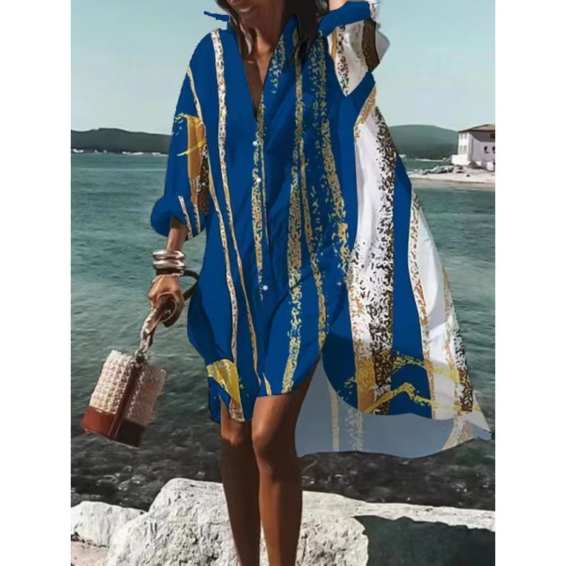 Kvinnors Långärmad Klänning V-Neck Abstrakt Mönster Bomullsblandning 4