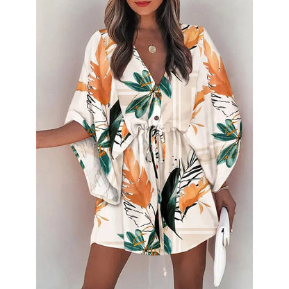 Kvinnors A-linjeklänning Blommönster Polyester med Justerbart Midjebälte 10